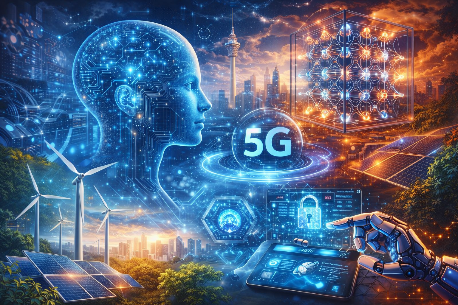 Future technology innovation including AI, 5G connectivity, quantum computing, and sustainable energy